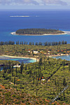 View from the highest point at Ile de Pin, New Caledonia. The typical tall thin Pine trees stick up from the other vegetation